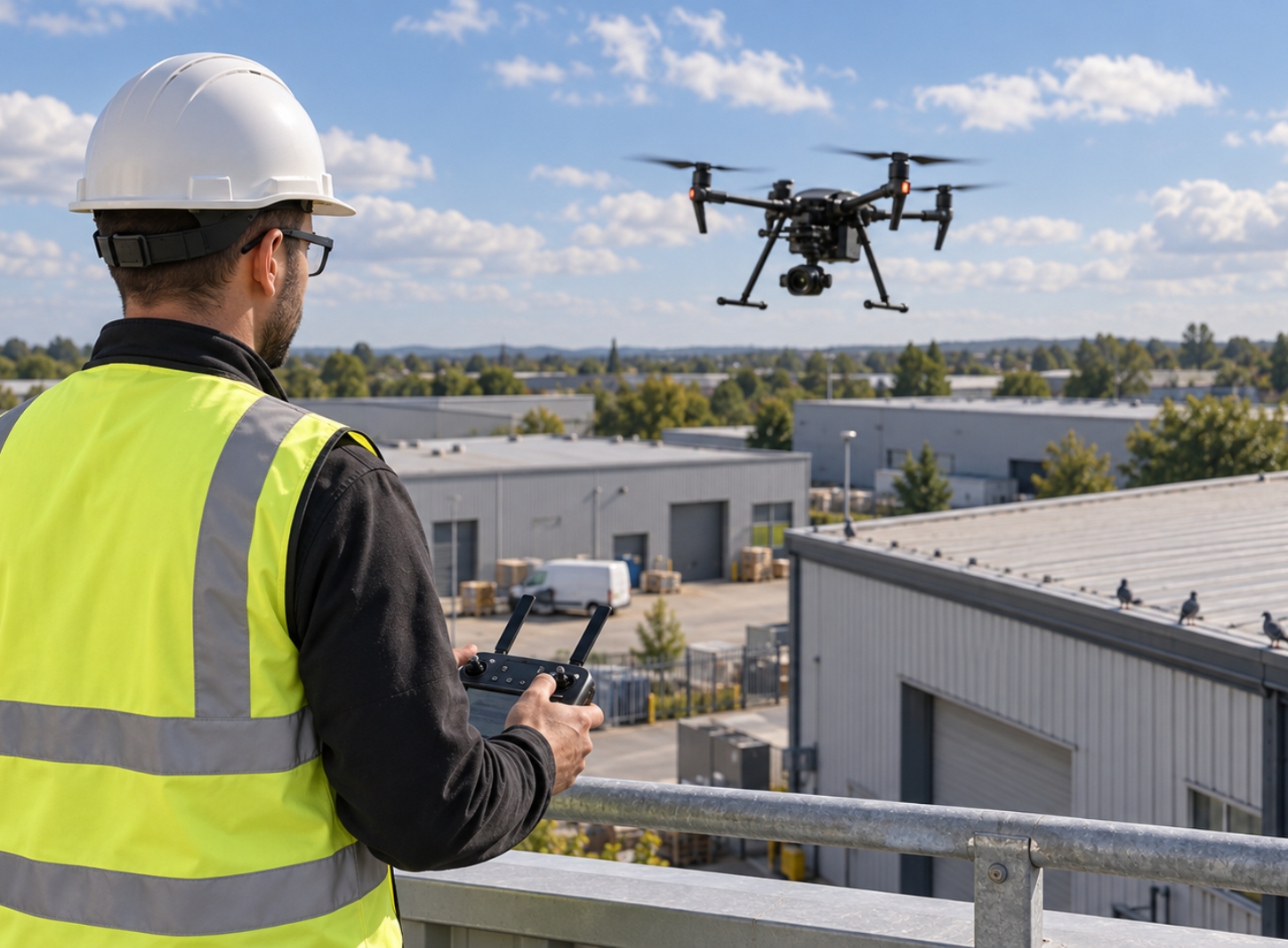 Hawks trained operator flying a drone above a commercial site to inspect for bird activity.