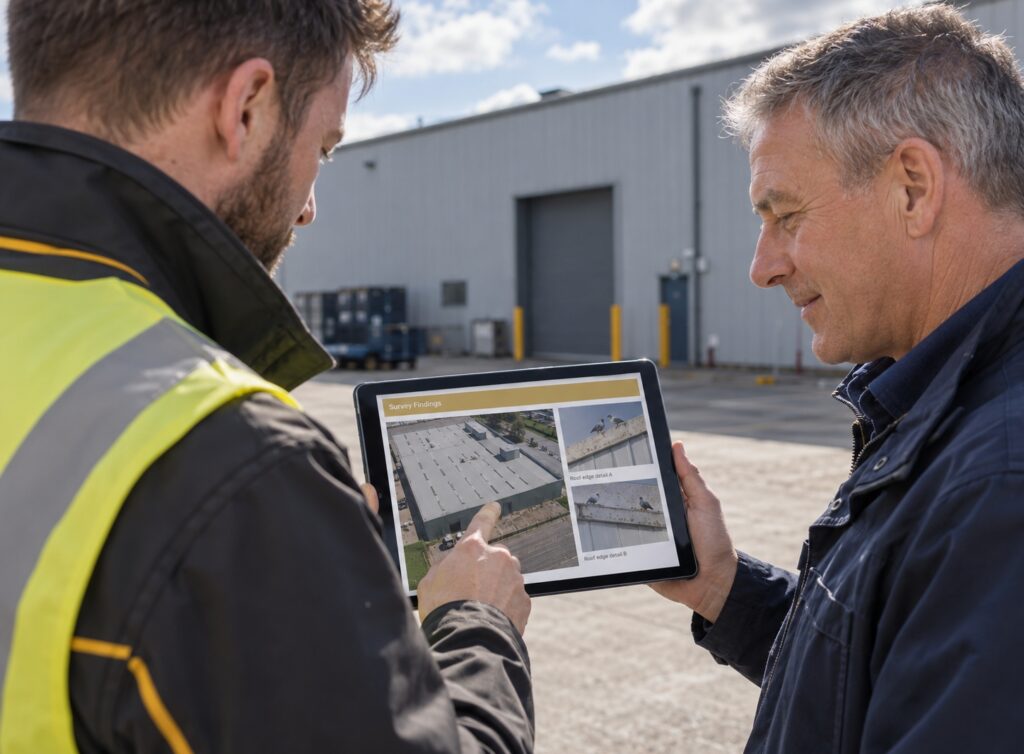 Professional drone survey report being reviewed on a tablet