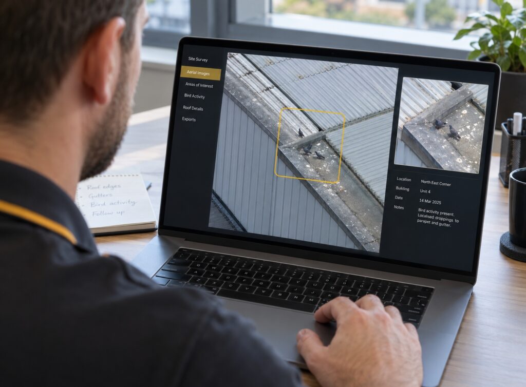 Aerial drone survey imagery being analysed on a monitor