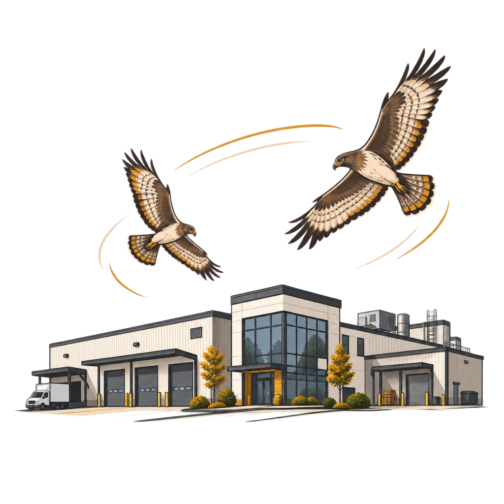 An animation of Hawks flying above a commercial location deterring and controlling bird infestations.